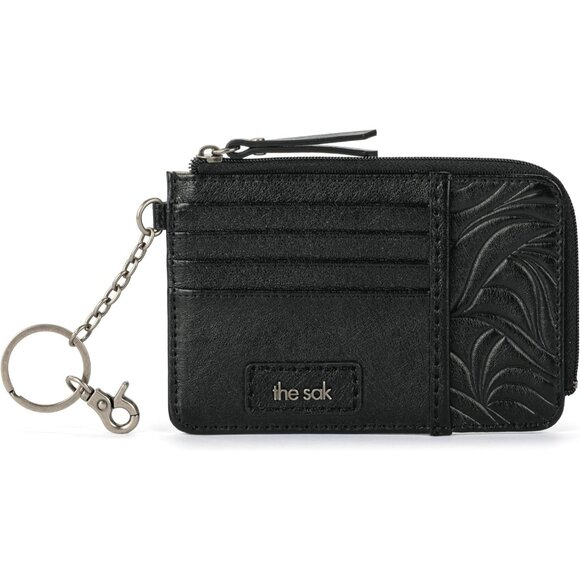 Iris Leather Card Wallet with Keychain Black Leaf Emboss Slim Travel Purse